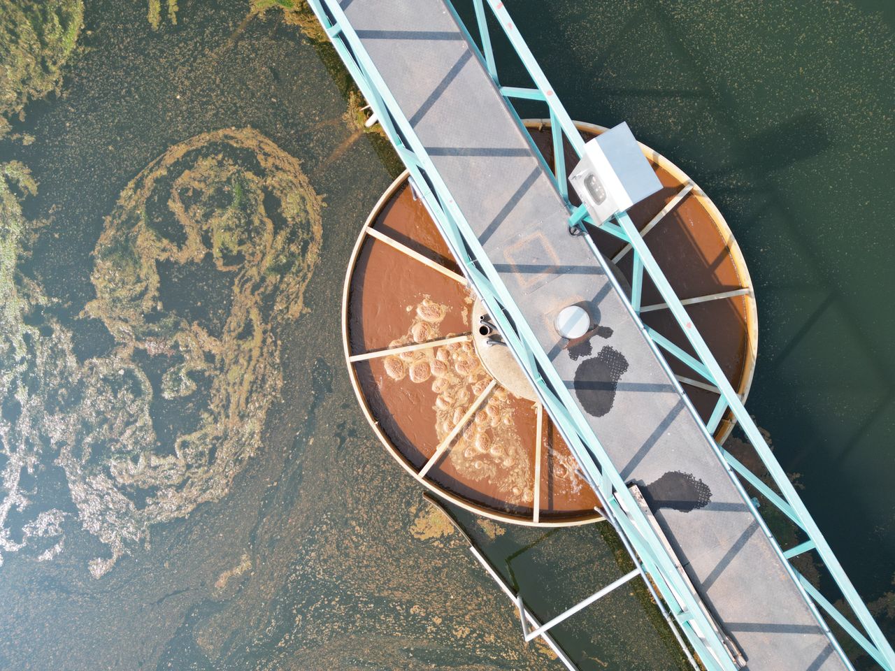 An aerial shot of a water treatment facility with industrial structures and algae presence, showcasing environmental elements.